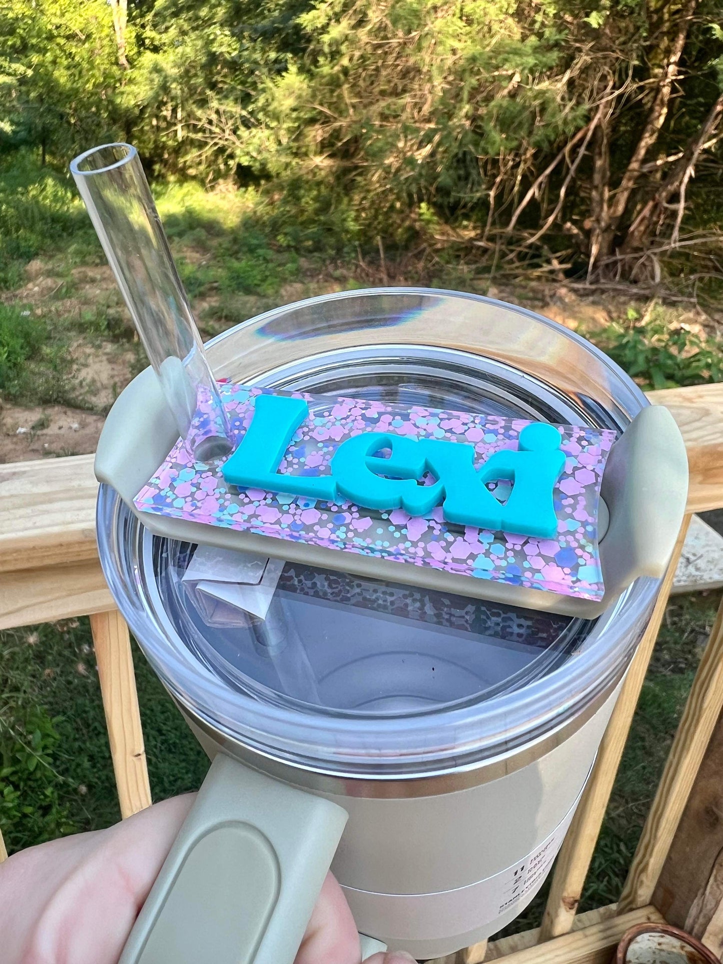 Personalized Pink Confetti with Blue Name Cup Tags