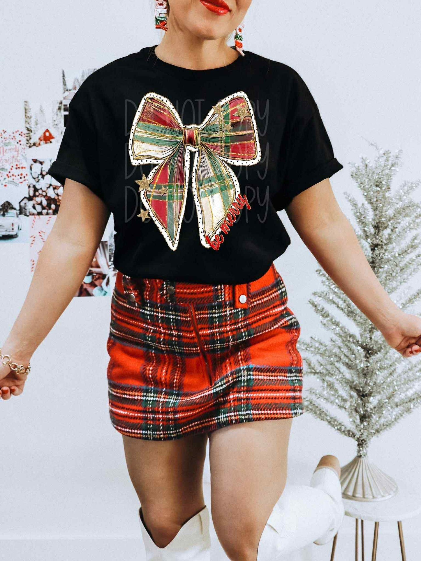 DTF Print- Faux Glitter Plaid Bow Be Merry