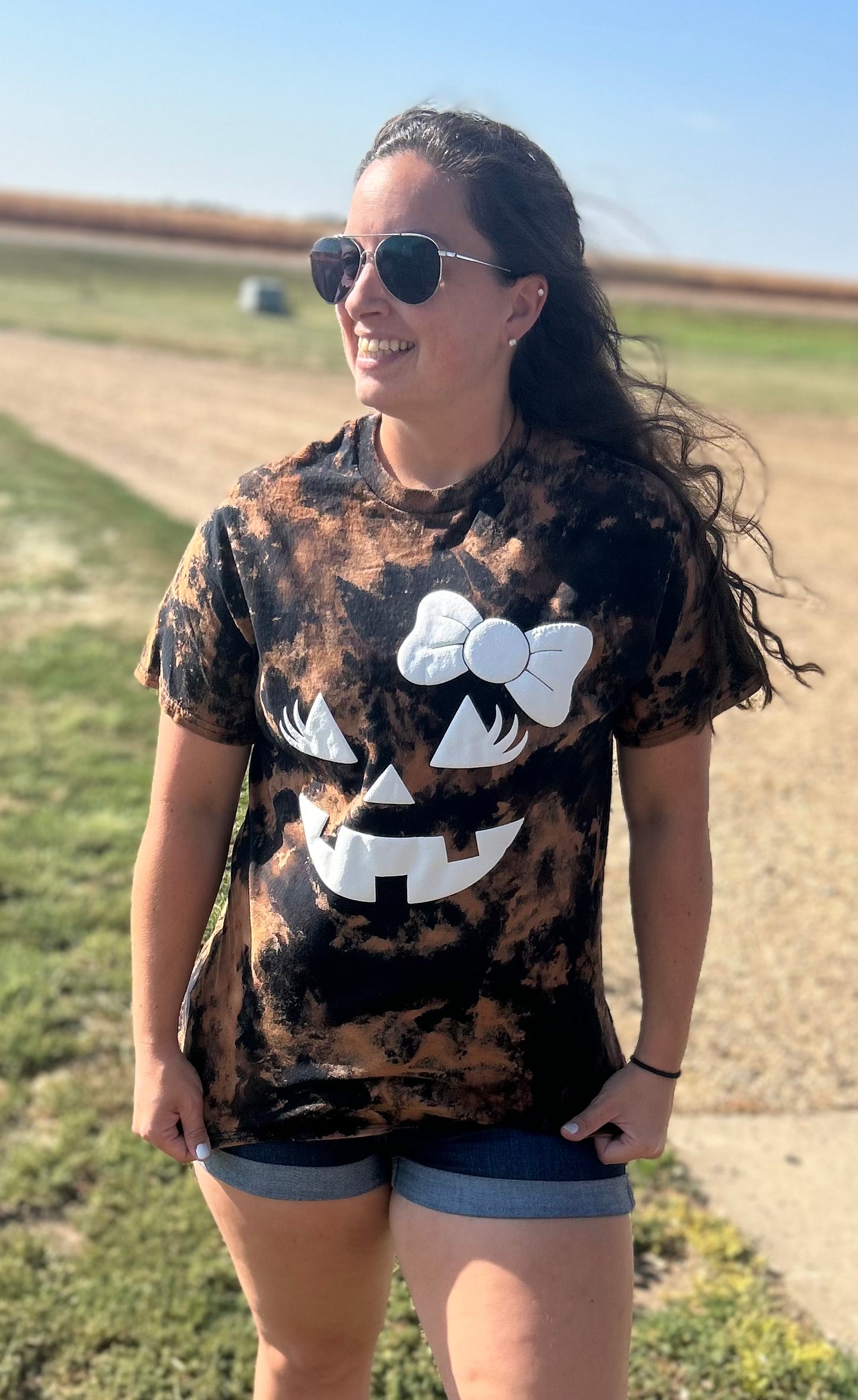 Pumpkin Face Puff Print Bleached Top in Black