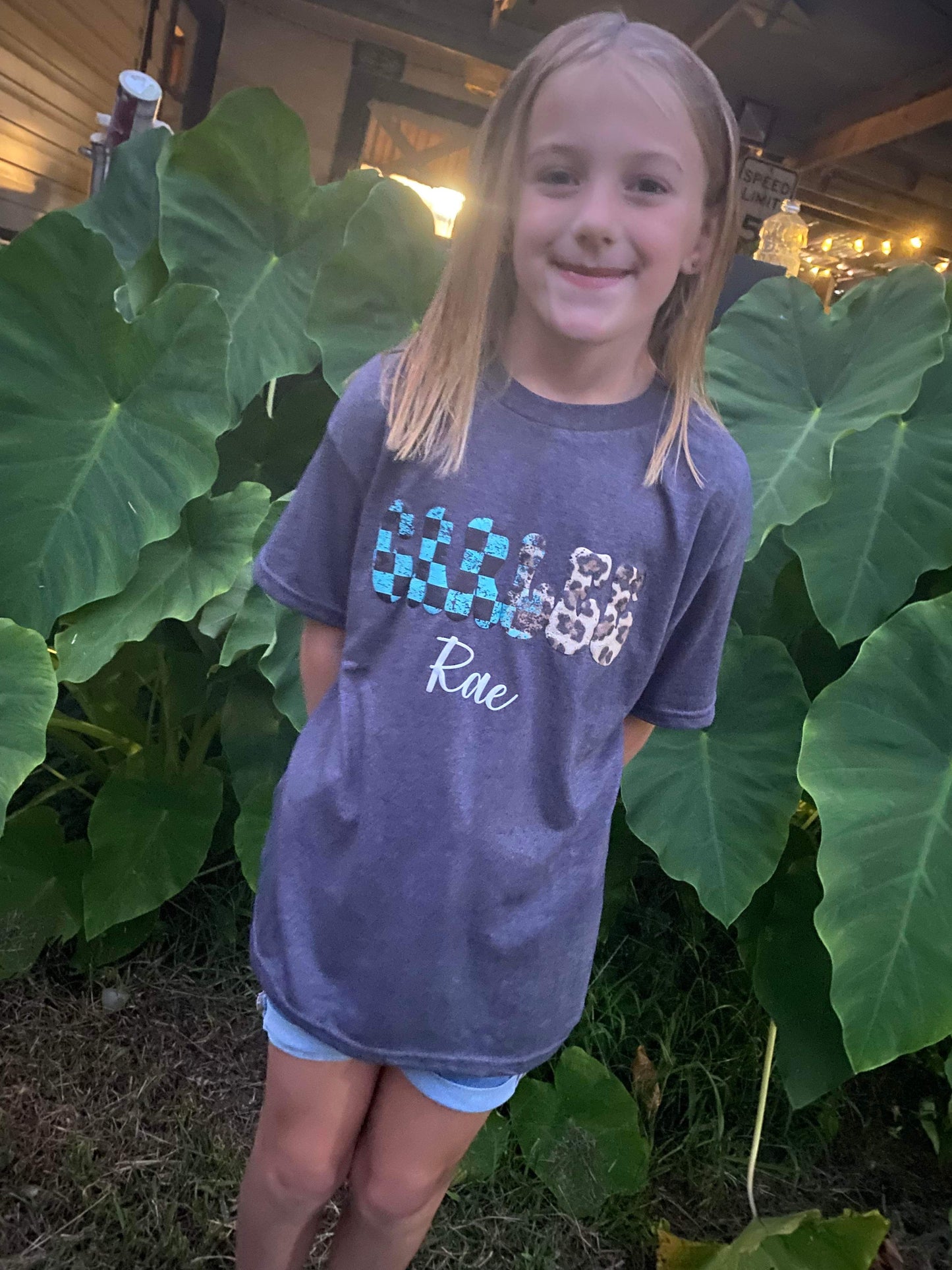 Kids Custom Name Teal Checkered with Cheetah Puff Print Top