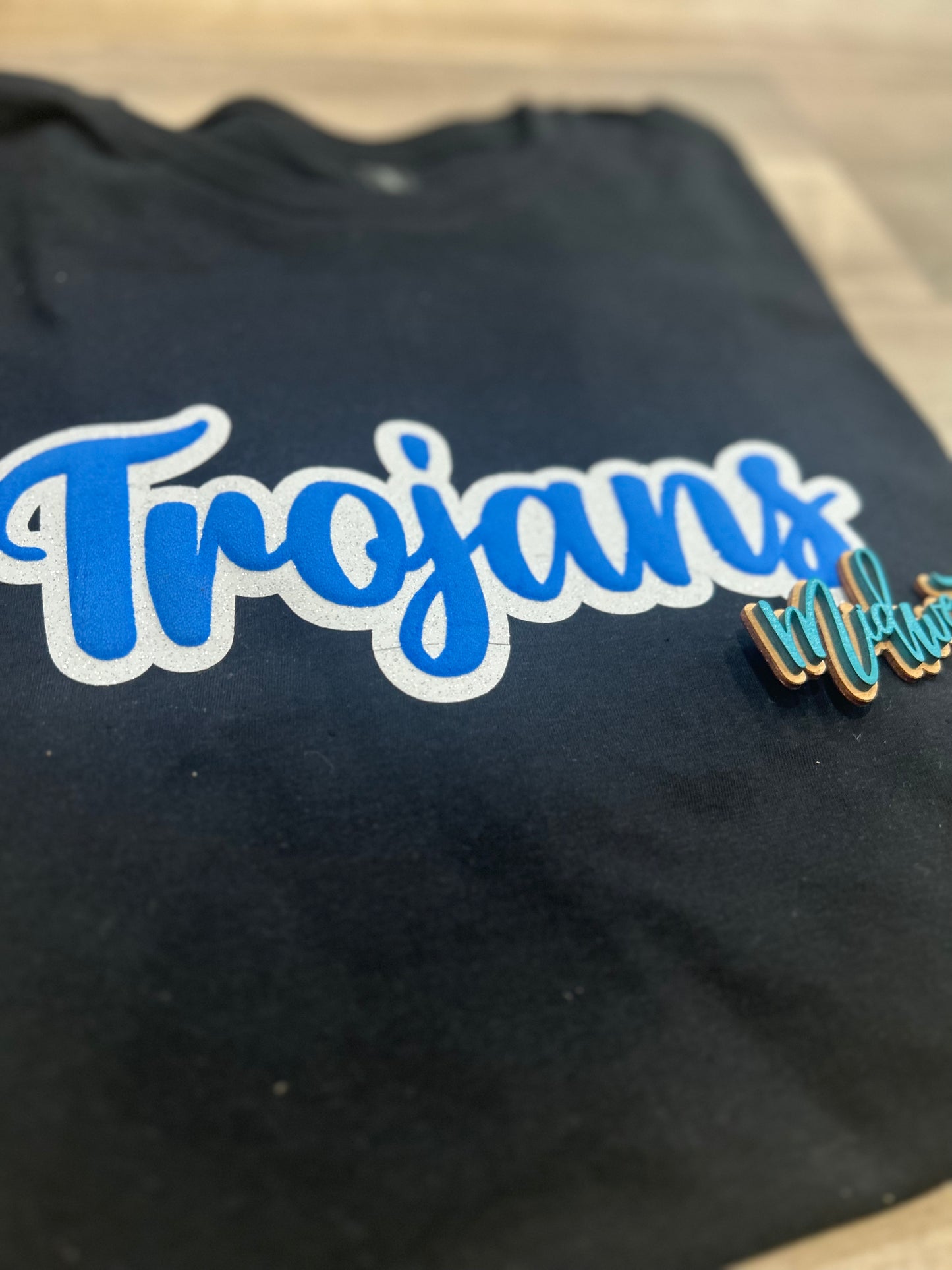 Trojans Multidimensional with White Glitter and Royal Puff Print Top