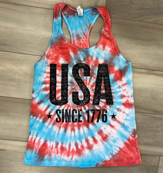 WS Completed  USA 1776 Tie Dye top in Red White and Boom