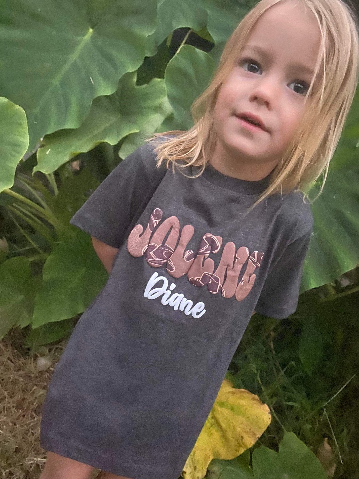 Kids Custom Name Brown Cowboy Hat Puff Print Top