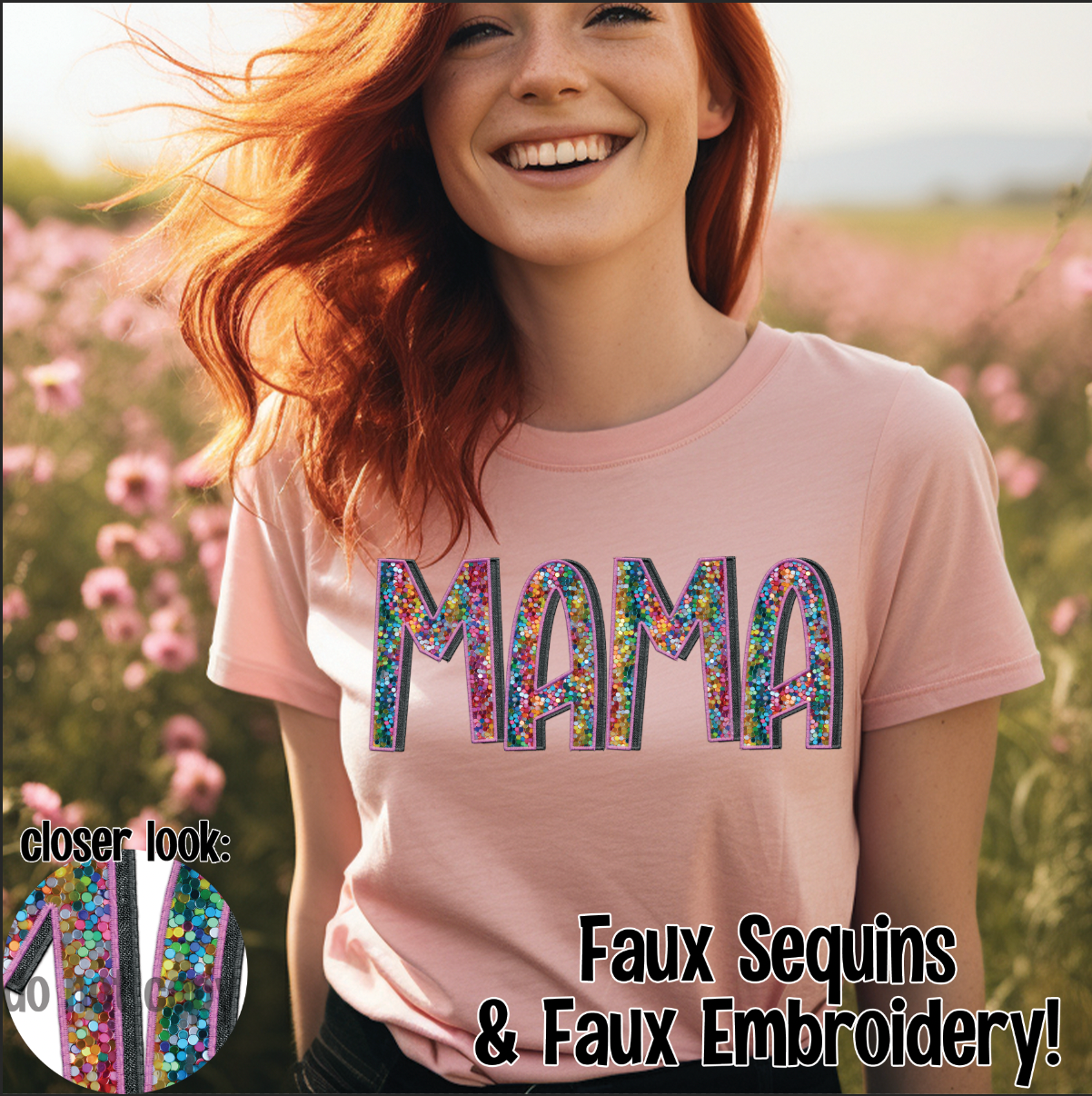 Rainbow Mama Faux Sequins Sublimation Print