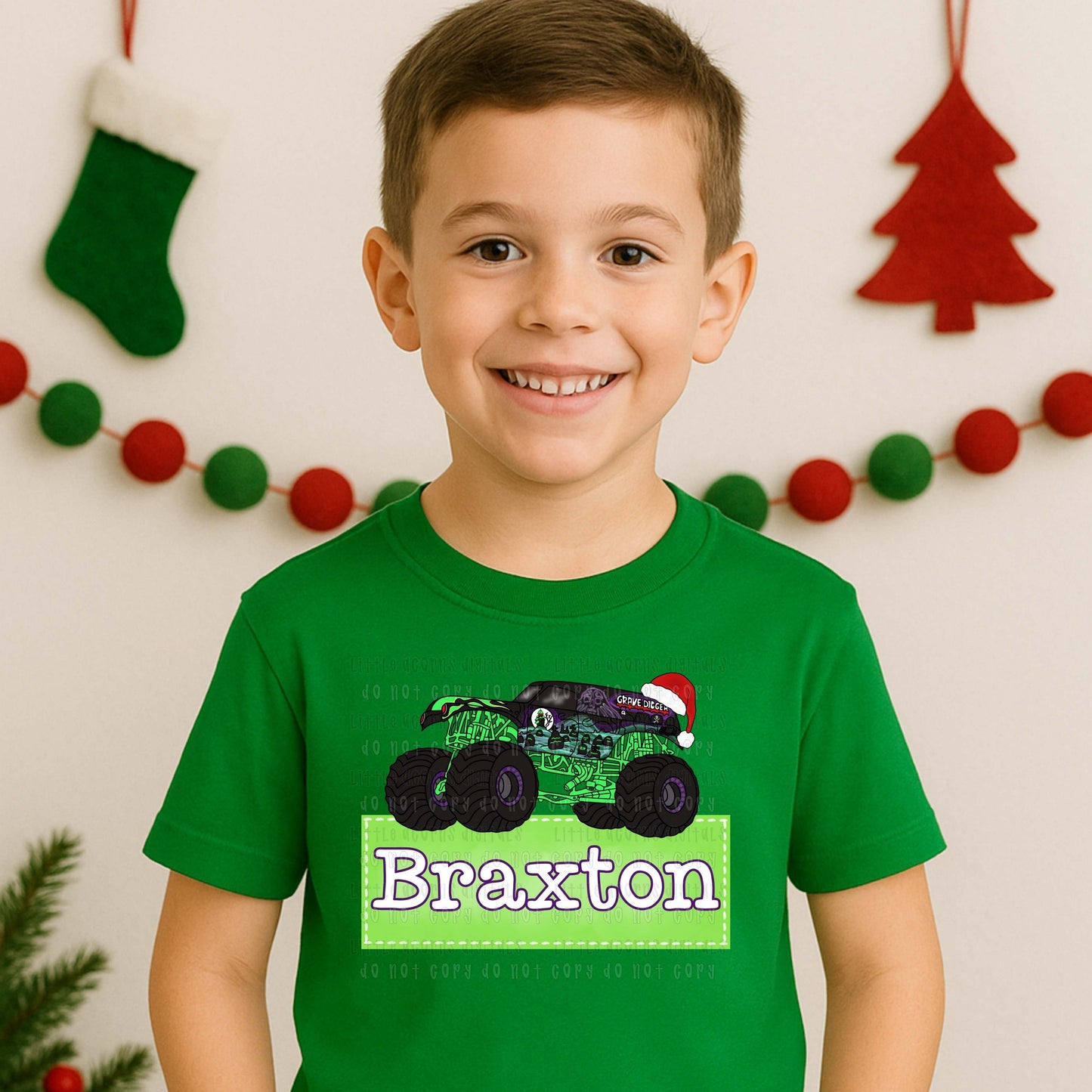 Christmas Monster Truck Green Name Kids Top