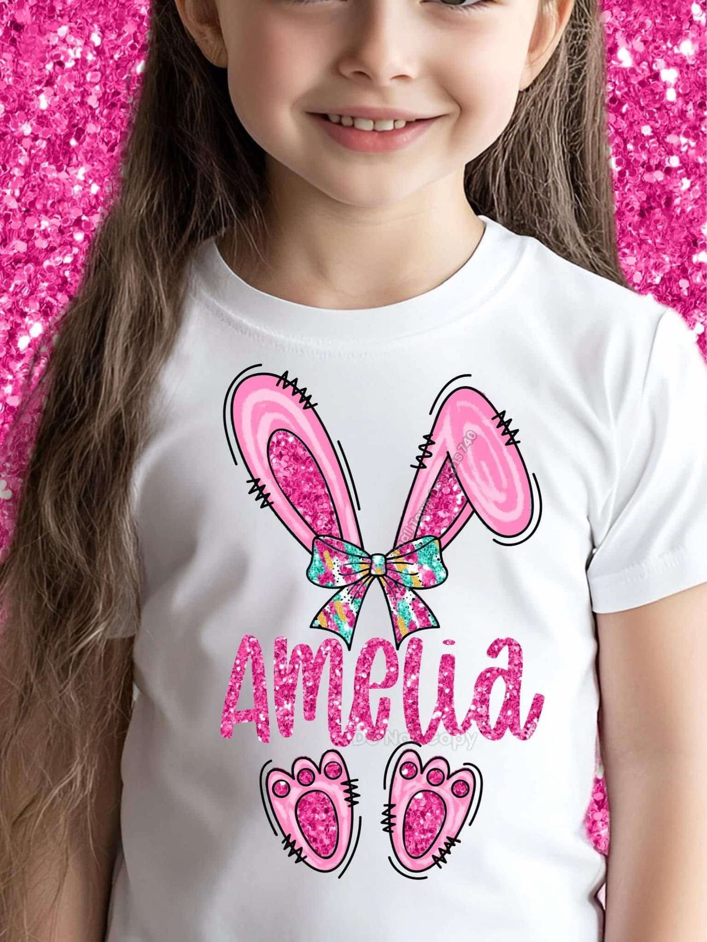 DTF Print - Faux Glitter Pink Bunny Custom Name