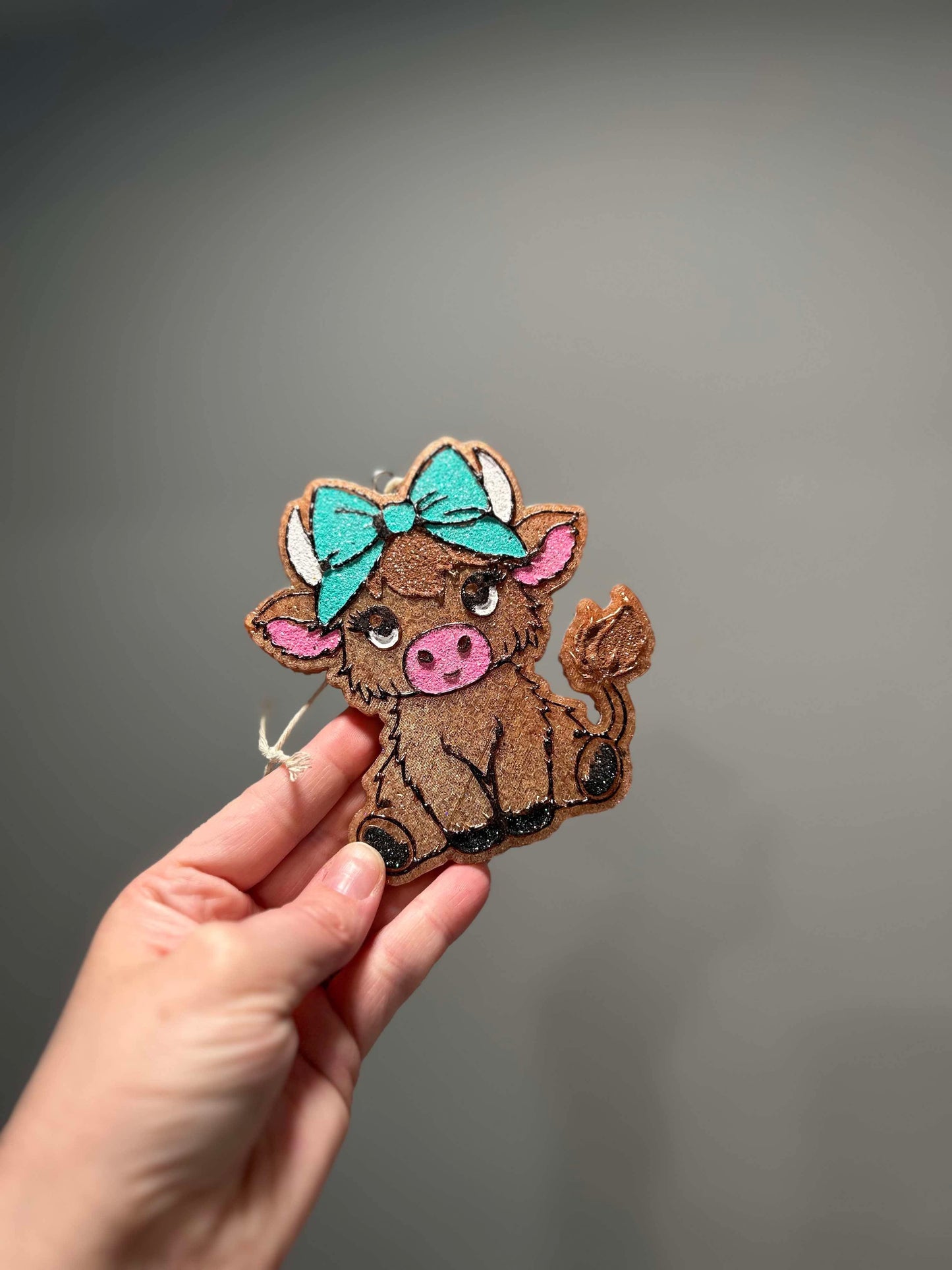 Cow with Blue Bow Freshie in Mahogany Teakwood