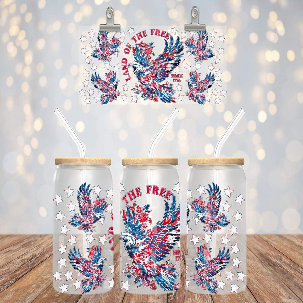 Land of the Free 16oz Glass Can with Bamboo Lid