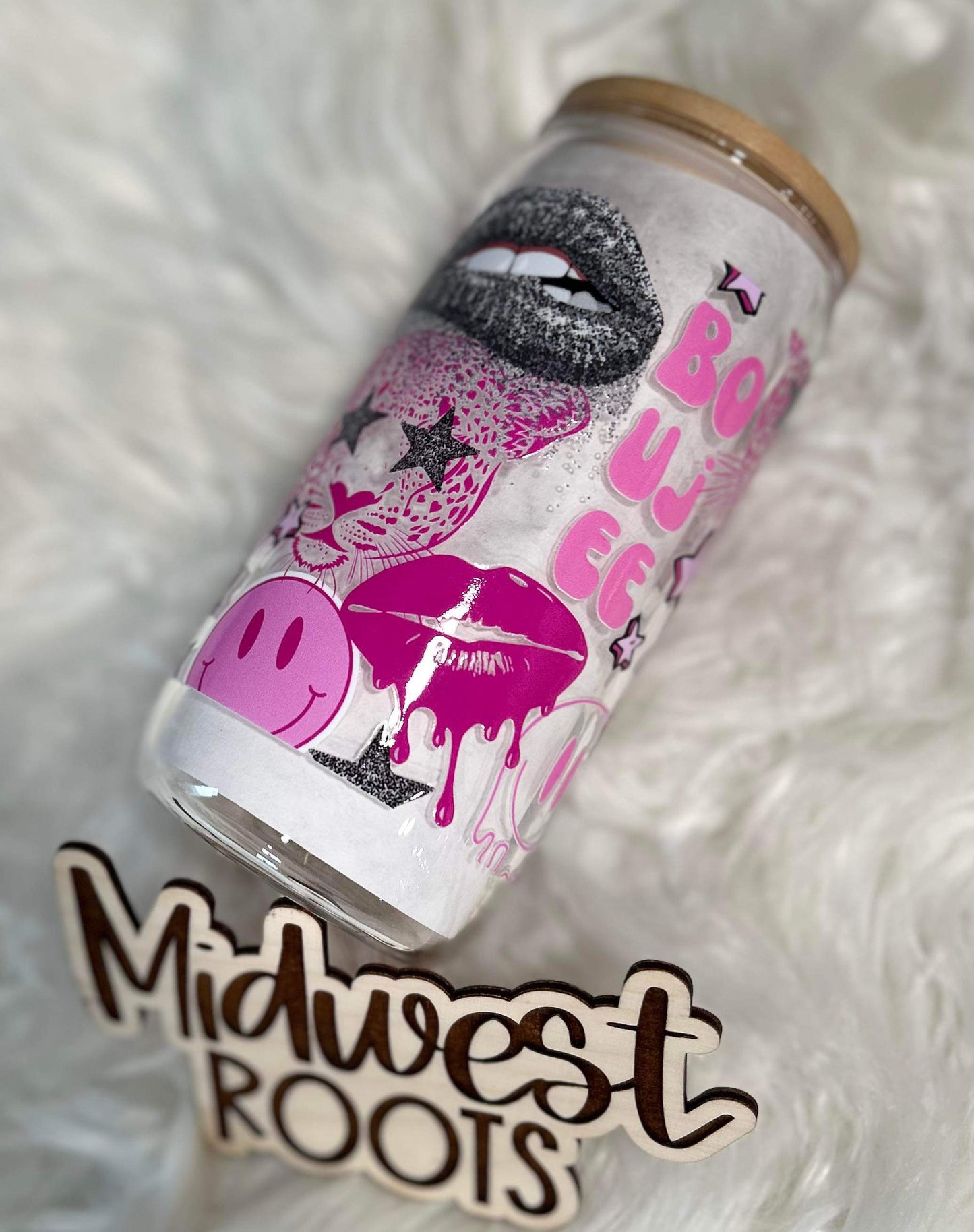 Pink Boujee 16oz Glass Can with Bamboo Lid