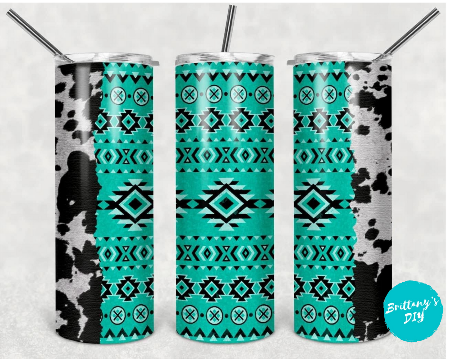 Turquoise Aztec/Cow Print Tumbler