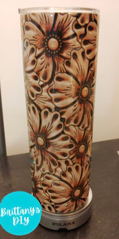 Tooled leather/Teal Wood Tumbler