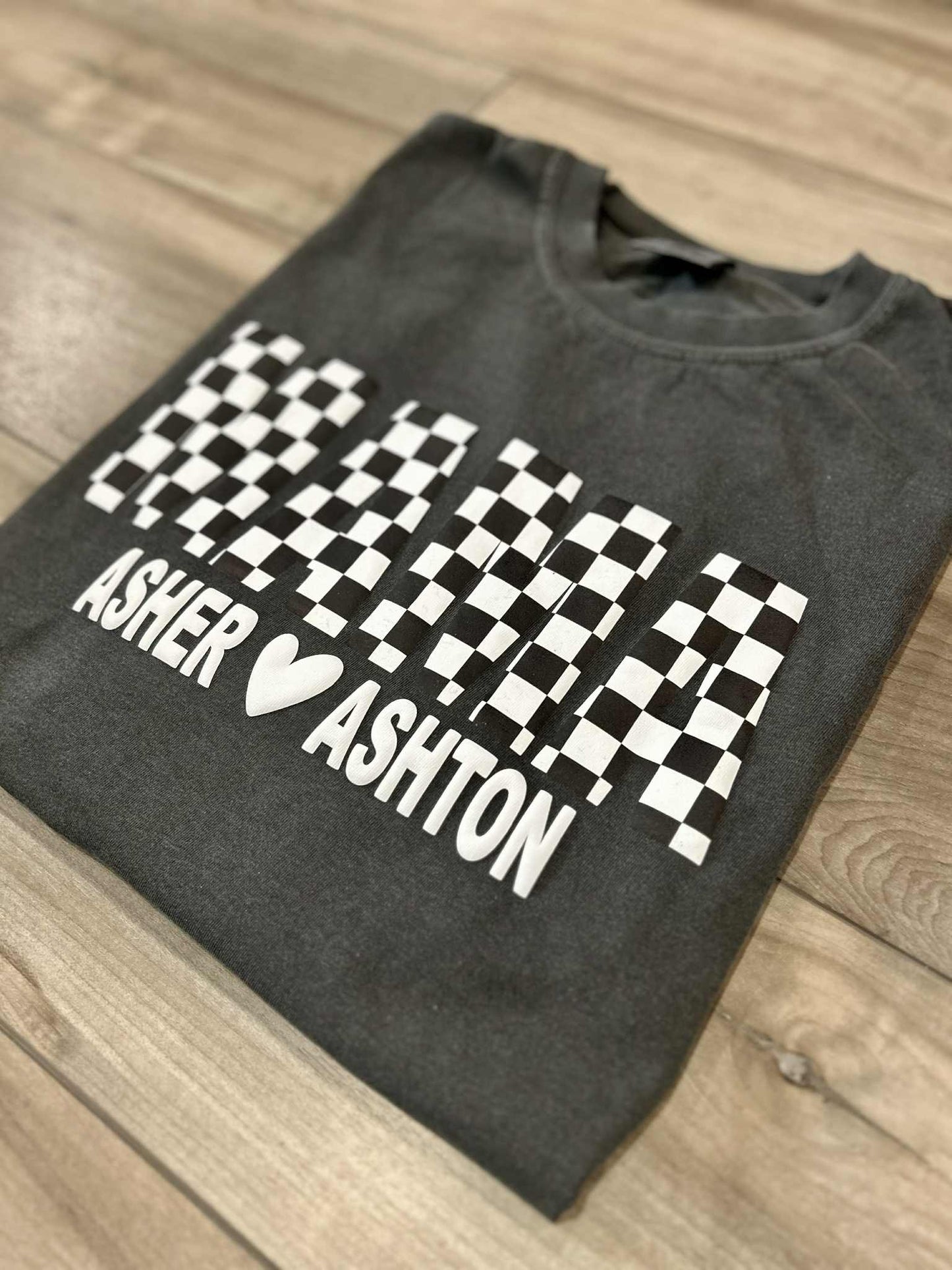 B&W Checkered Puff Printed Mama Top With or Without Names