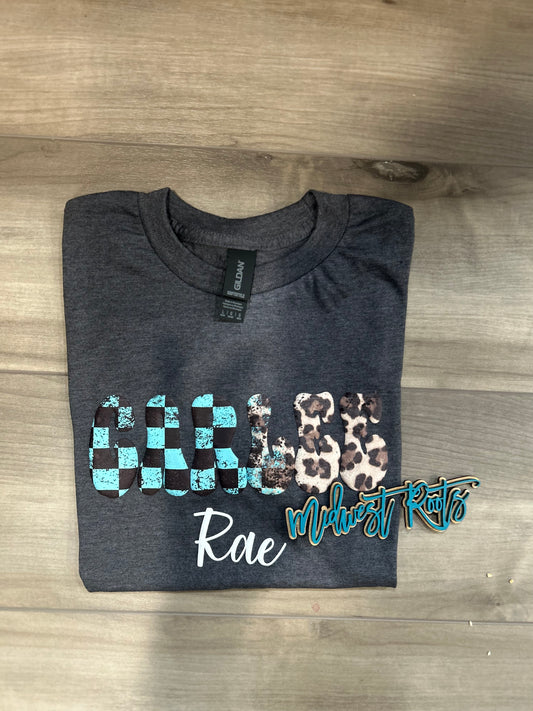 Kids Custom Name Teal Checkered with Cheetah Puff Print Top