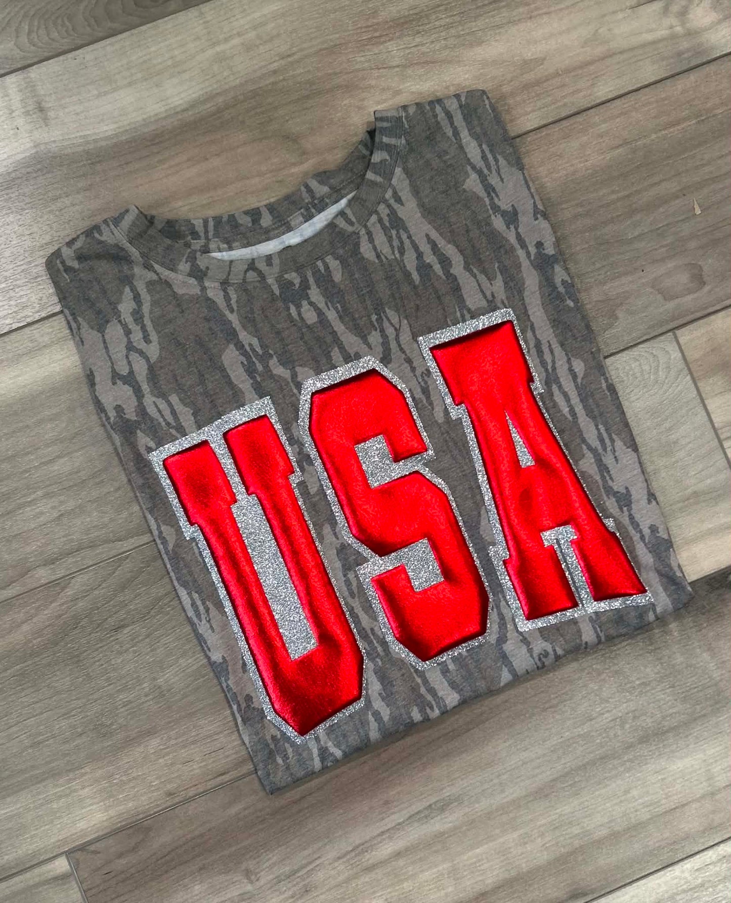 Bottomland USA Puff / Glitter Printed Camo Top
