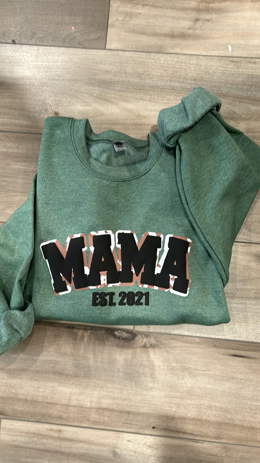 RTS Mama Cow Print with Black Puff Sweatshirt in Green