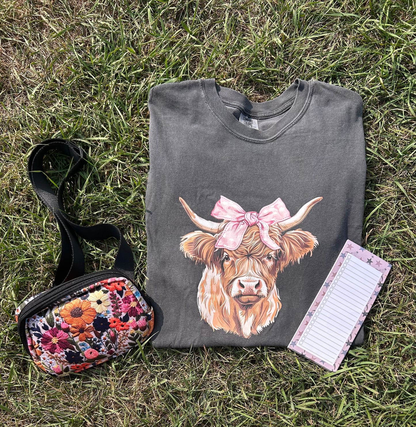 RTS Highland Cow with Pink Bow Top Dark Grey