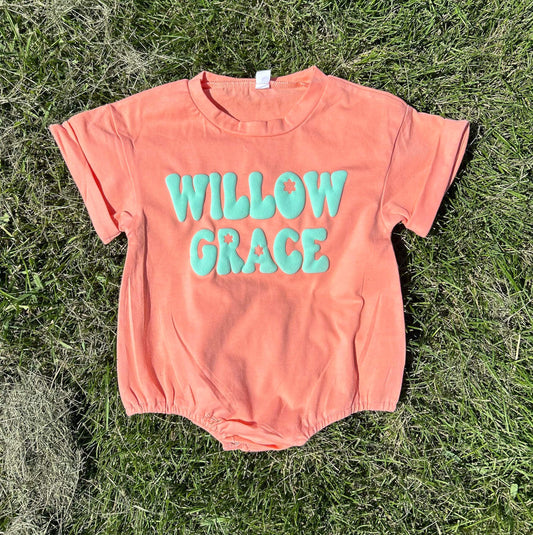 WS Completed Puff Name Floral Cutout Kids Short Sleeve Romper