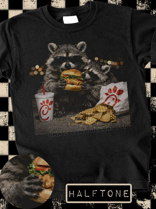 DTF Print - Halftone Raccoon Chicken Sandwich