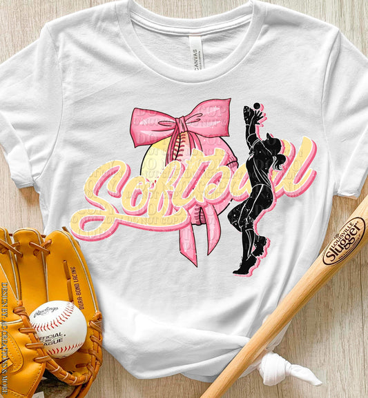 Softball Pink Bow w/ Silhouette Player Top