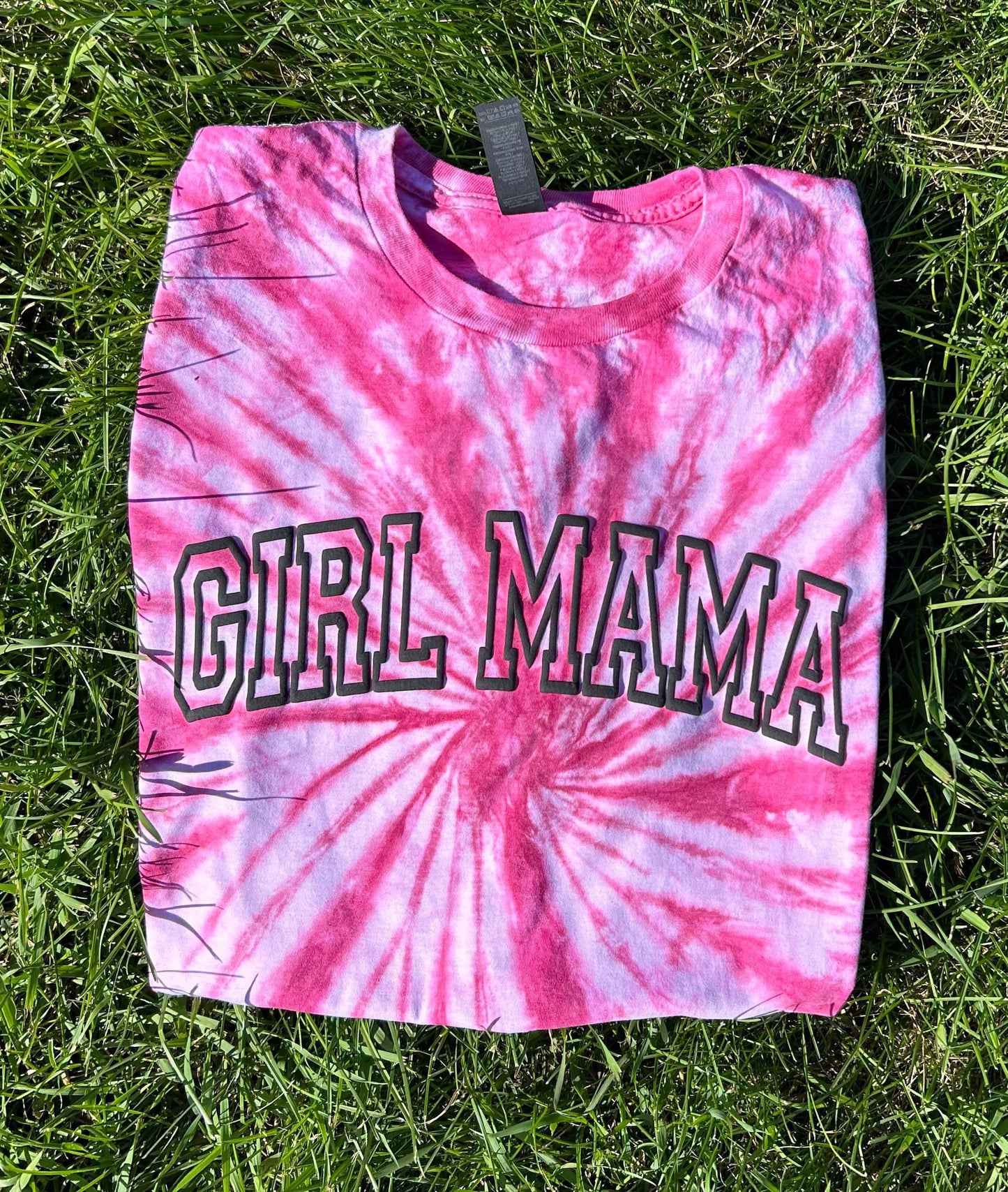 RTS Girl Mama Puff Print Tie Dye top in Pink Fusion