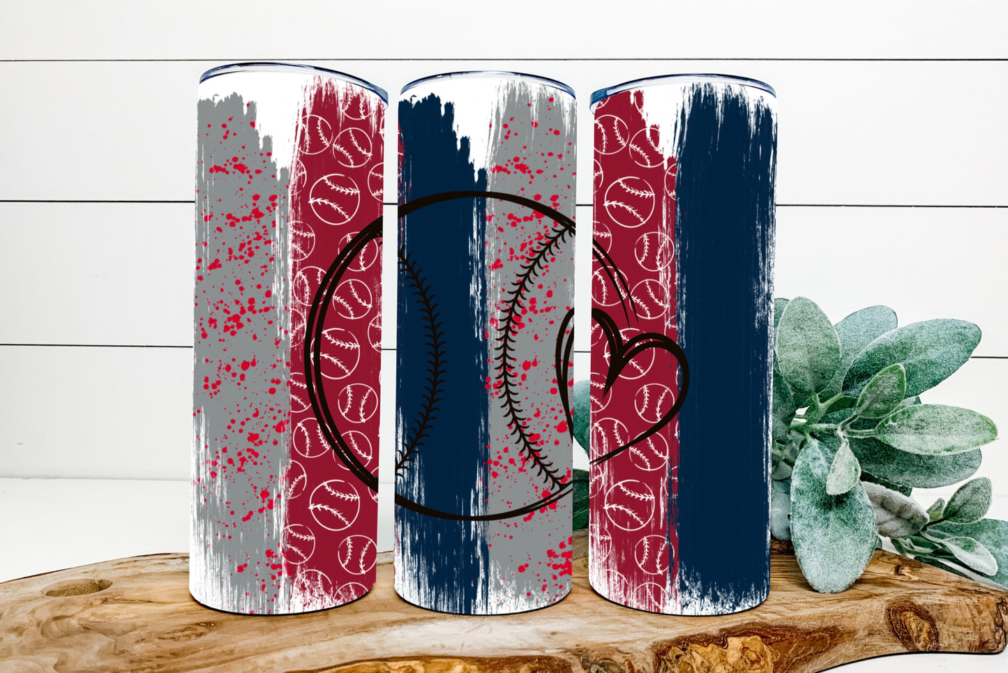 Baseball With Small Heart Blue, Grey And Red Brushstrokes Background Tumbler