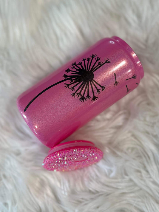 WS Completed Dandelion Glitter Glass Can with Rhinestone Lid