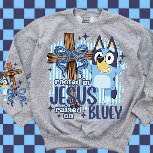 DTF Print- Rooted in Jesus Raised on Blue Dog