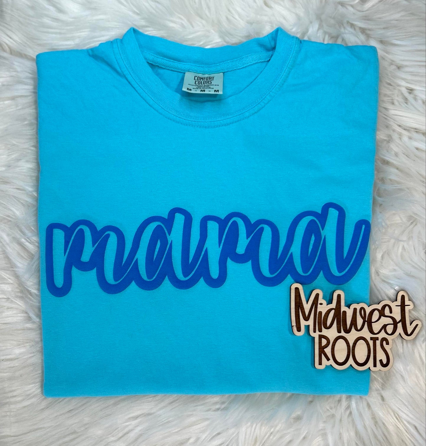 RTS Mama Outline Puff Print Top in Neon Blue