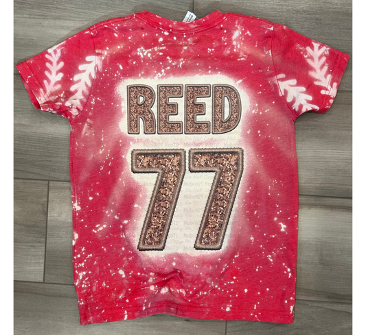 Kids Bleached Faux Embroidered Jersey Name/Number with Lace Sleeves Top
