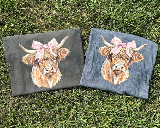 RTS Highland Cow with Pink Bow Top Dark Grey