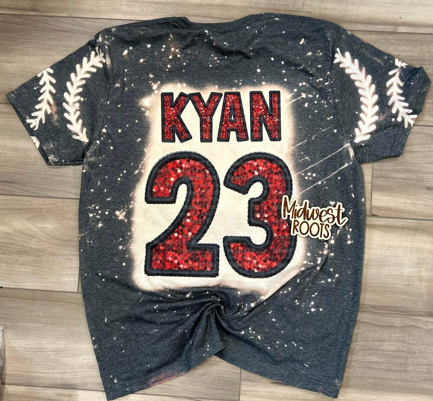 Kids Bleached Faux Embroidered Jersey Name/Number with Lace Sleeves Top