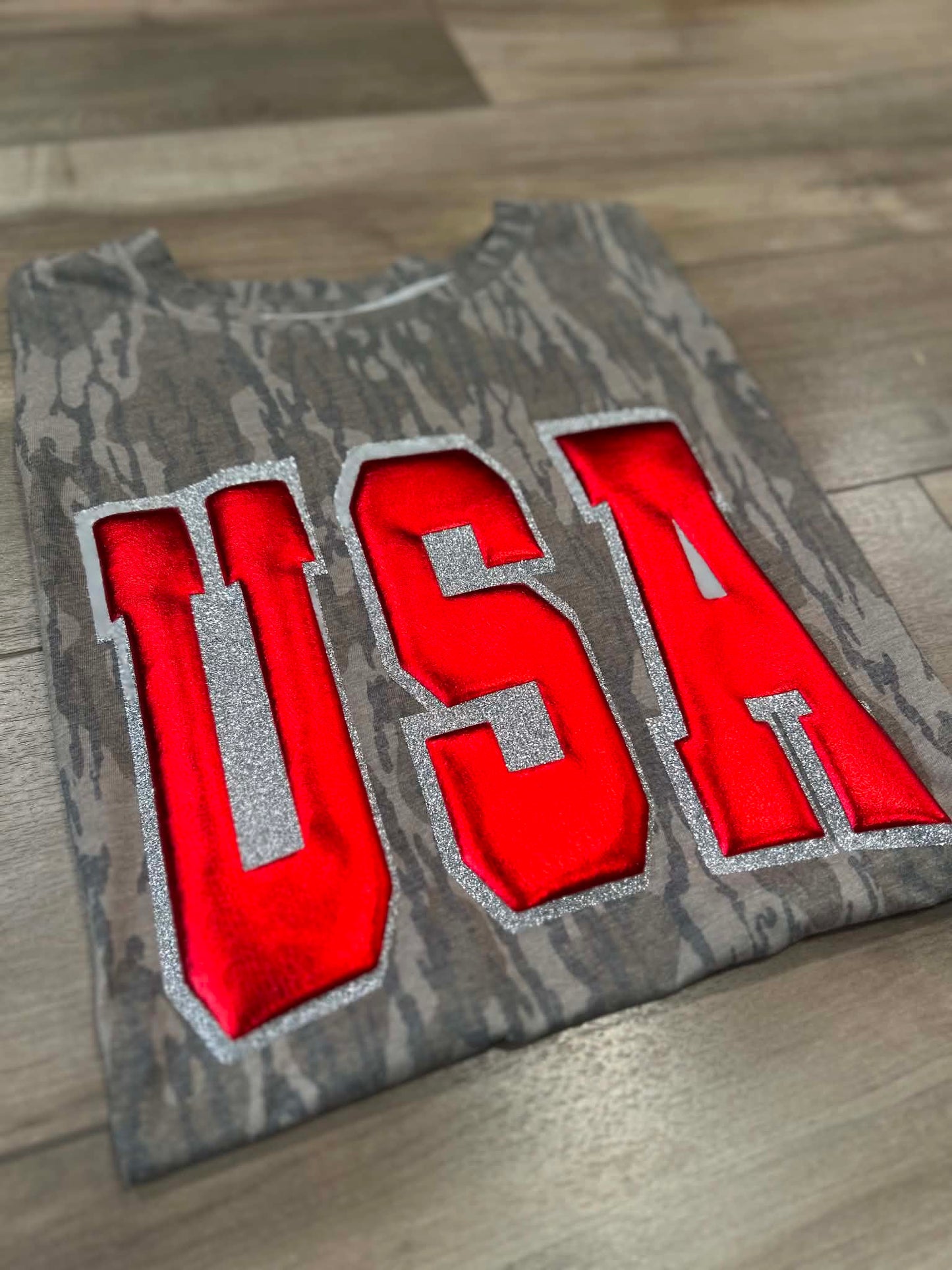 Bottomland USA Puff / Glitter Printed Camo Top