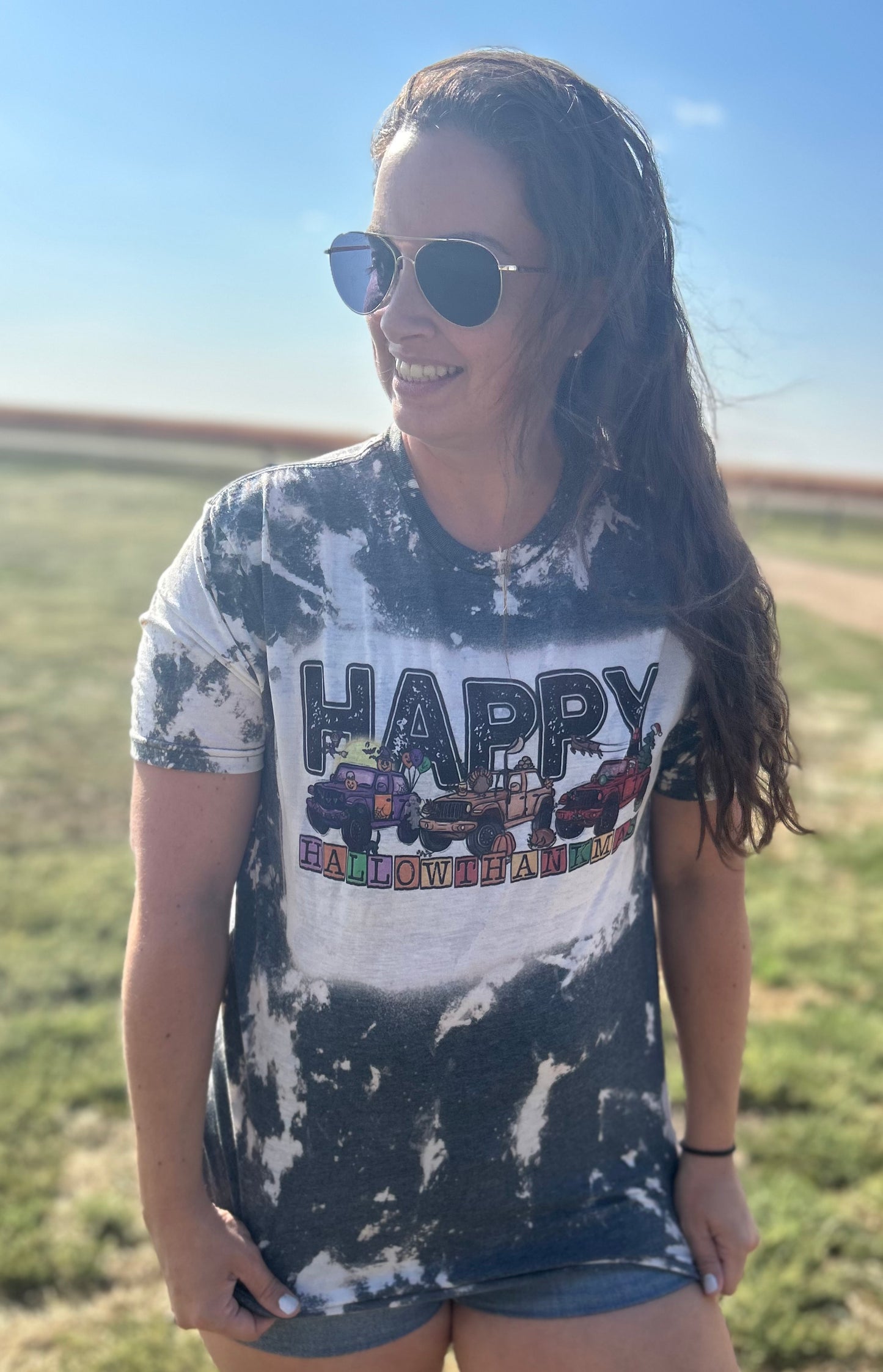 Happy Hallothankmas Bleached Top in Dark Grey