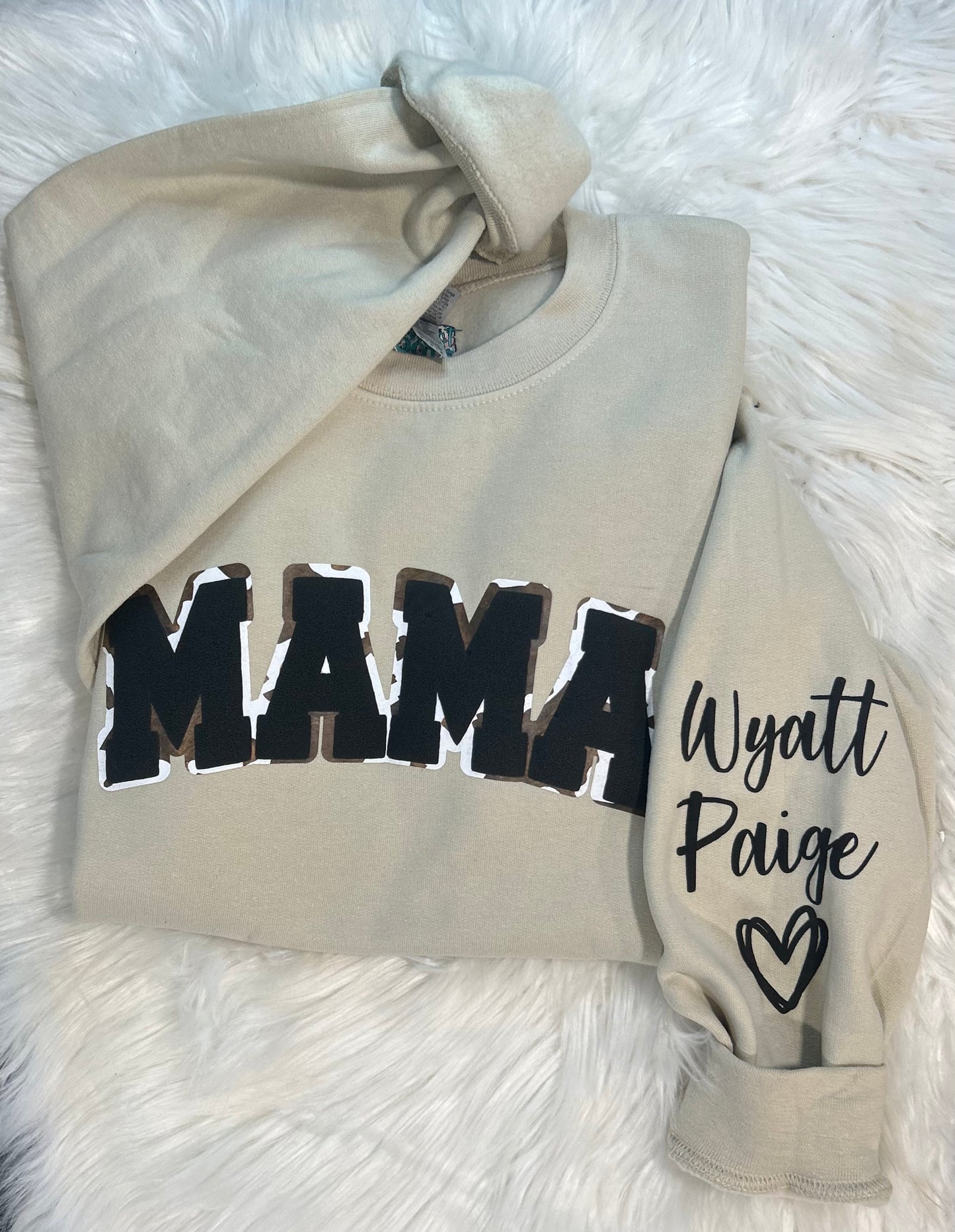 Cow Print Offset Mama Black Puff Printed with Kids Names Top