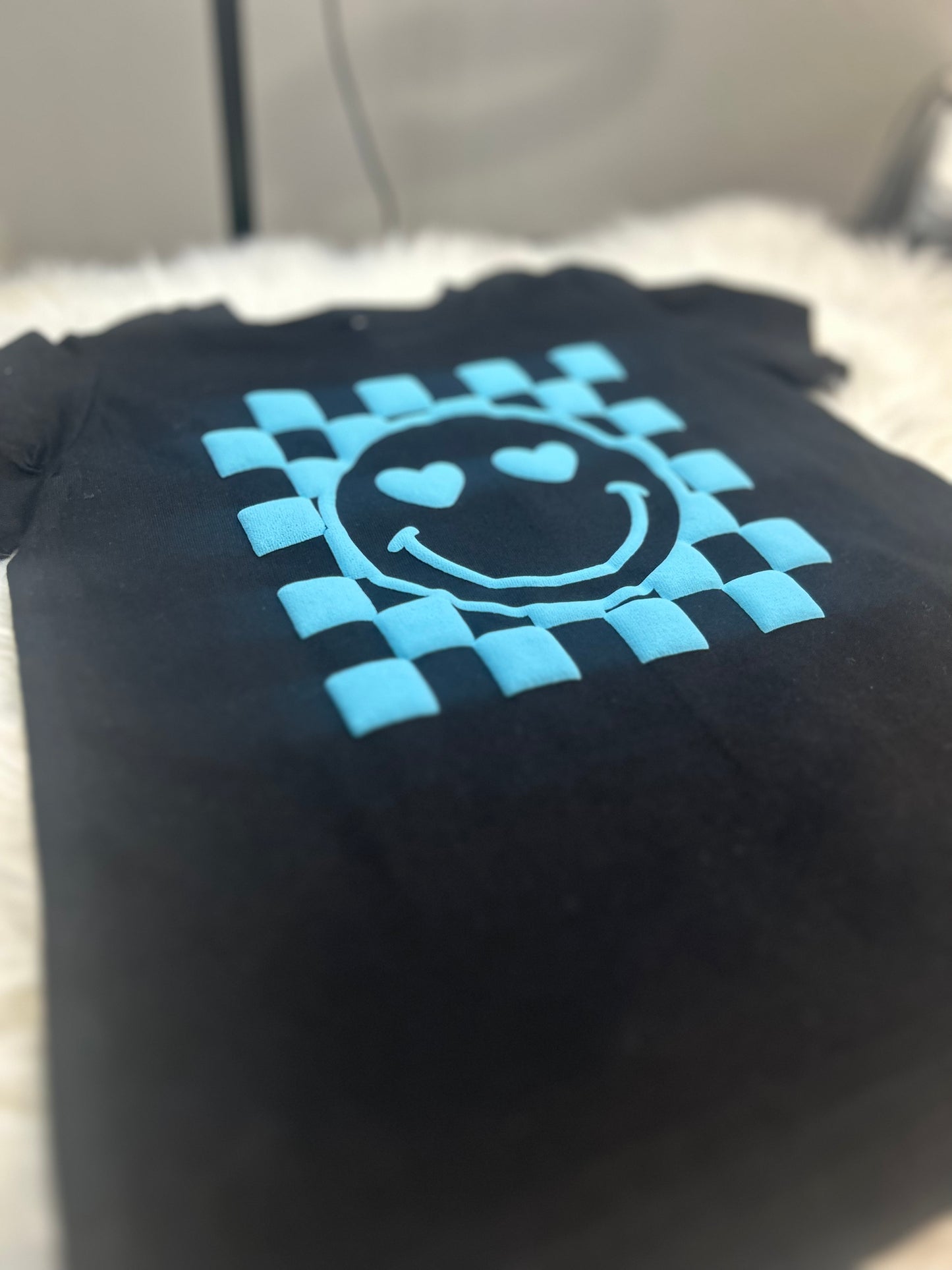Happy Checkered Blue Puff Print