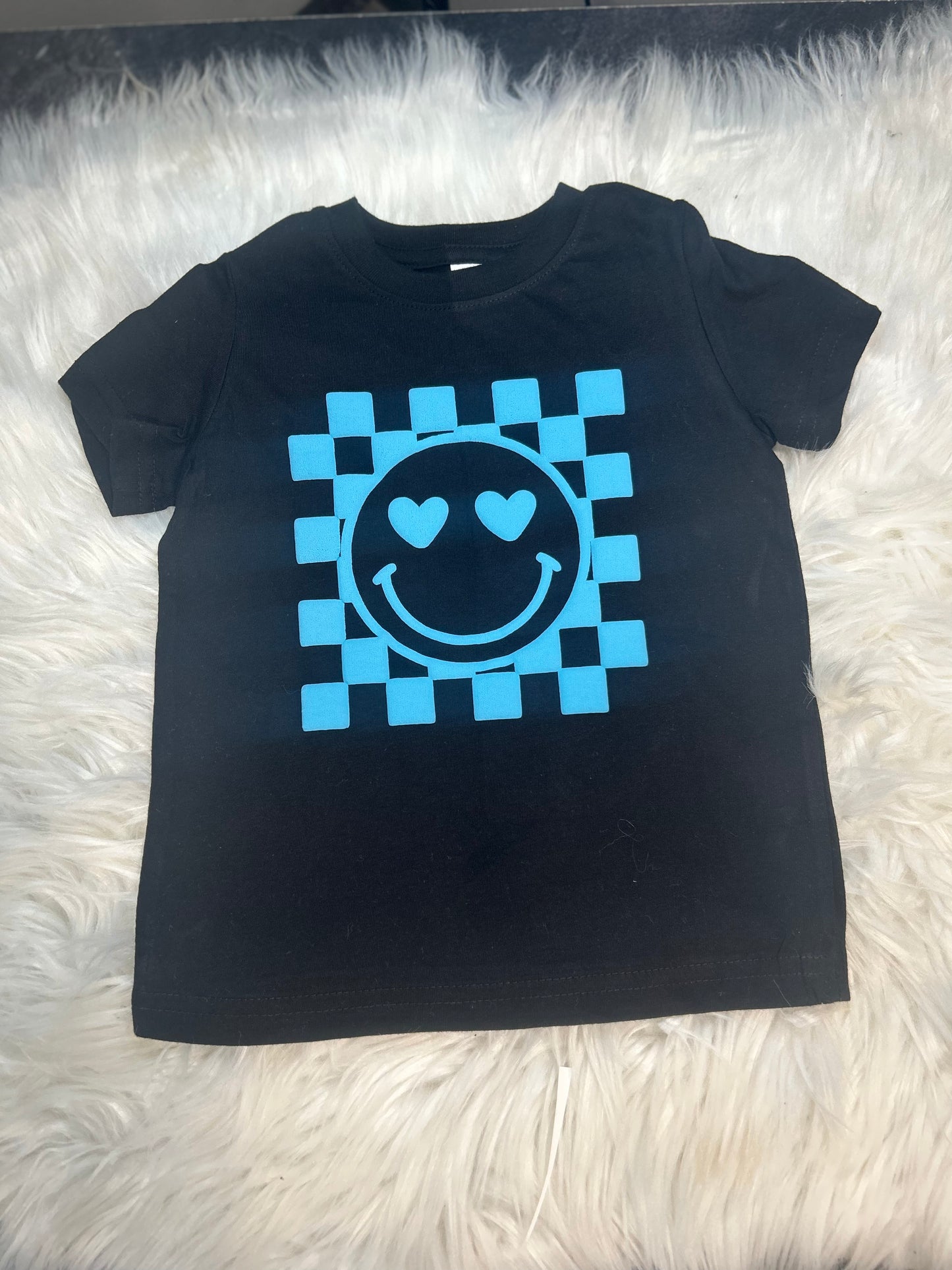 Happy Checkered Blue Puff Print
