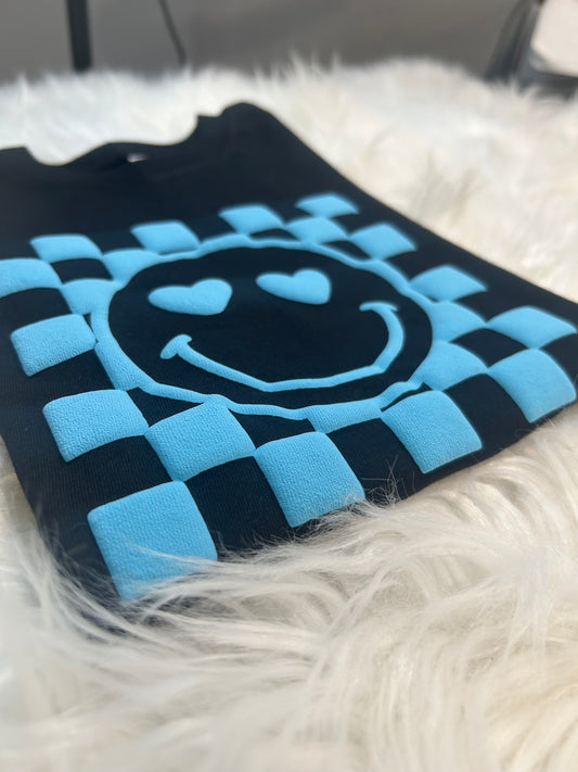 WS Completed Happy Checkered Blue Puff Printed Top
