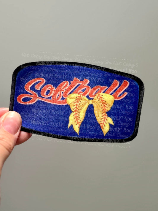 Softball Bow Blue Background Hat Patch