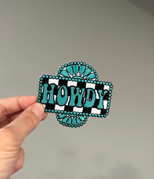 Howdy Checkered Turquoise Hat Patch