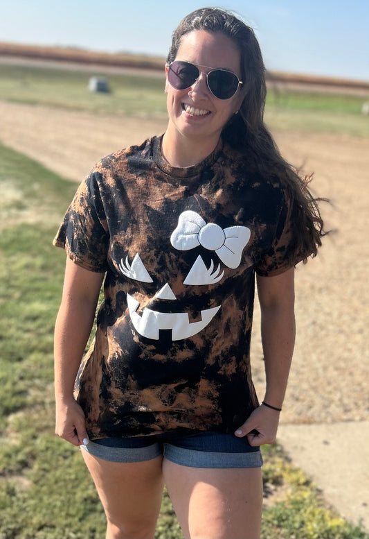 Pumpkin Face Puff Print Bleached Top in Black