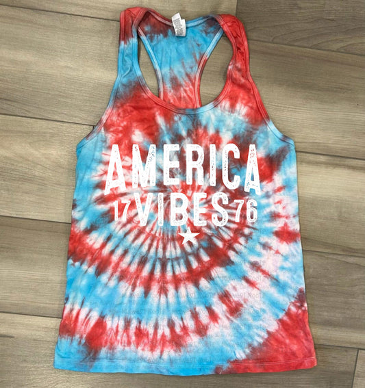 America Vibes Tie Dye top in Red White and Boom