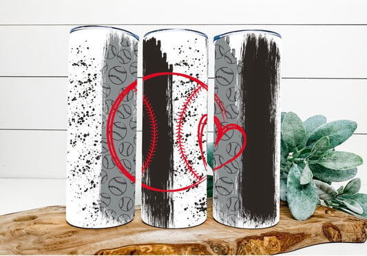 Baseball With Small Heart Grey And Black Brushstrokes Background Tumbler