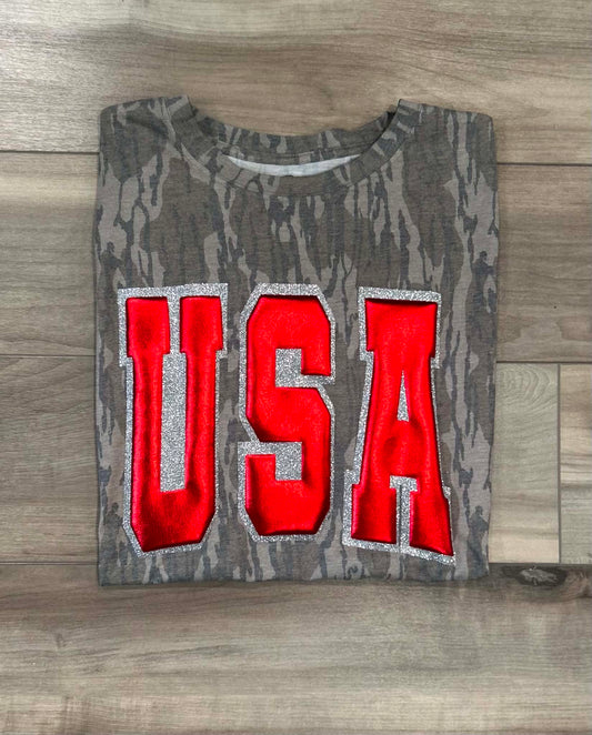 Bottomland USA Puff / Glitter Printed Camo Top