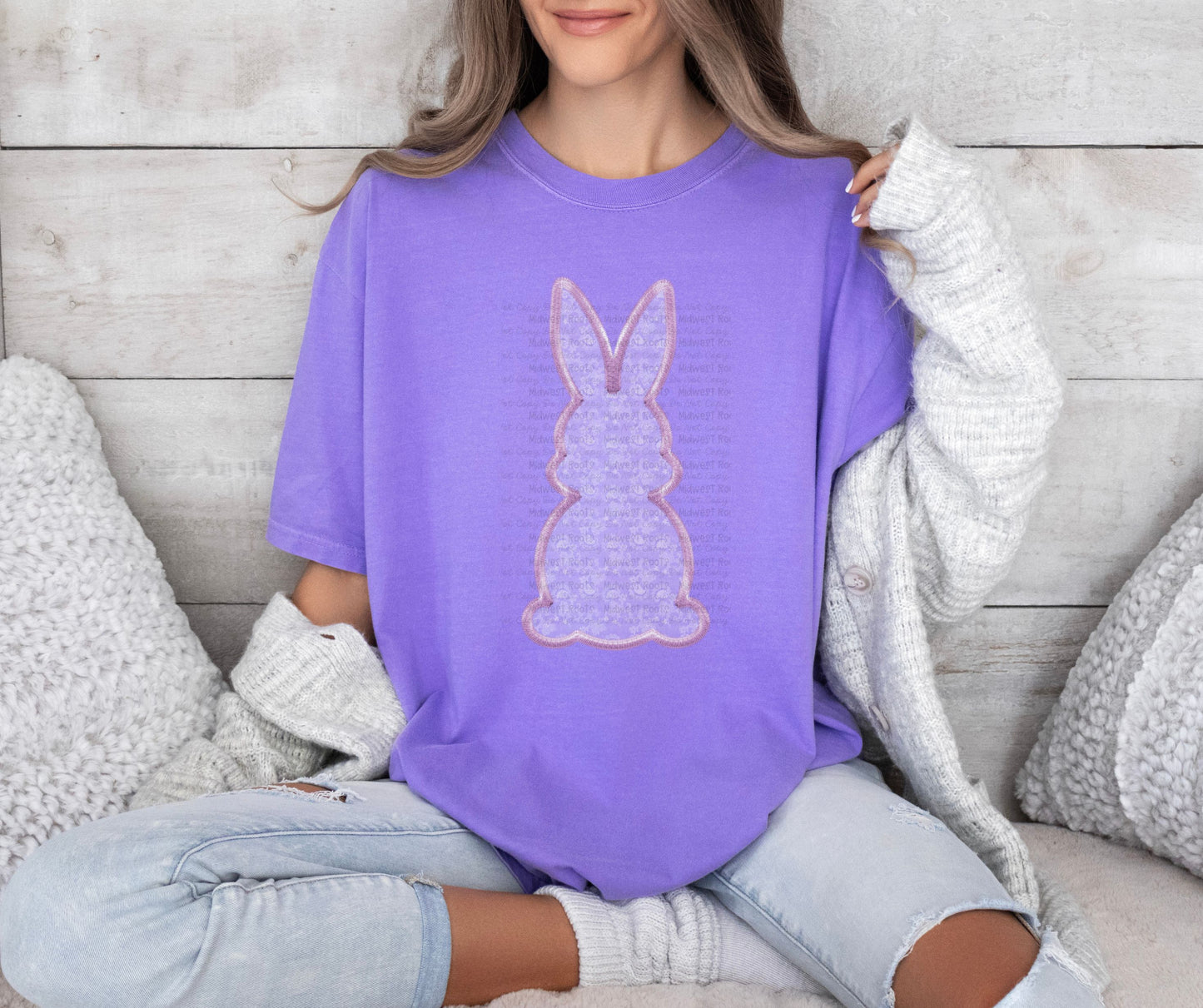 DTF Print - Faux Embroidered Lace Bunny