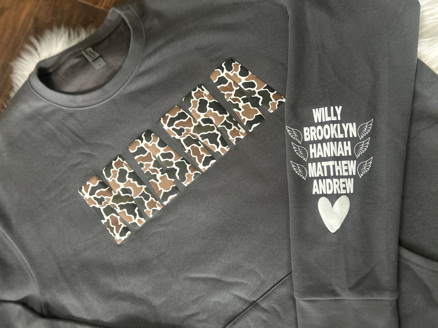 Camo Print Mama Puff Printed with Kids Names Top