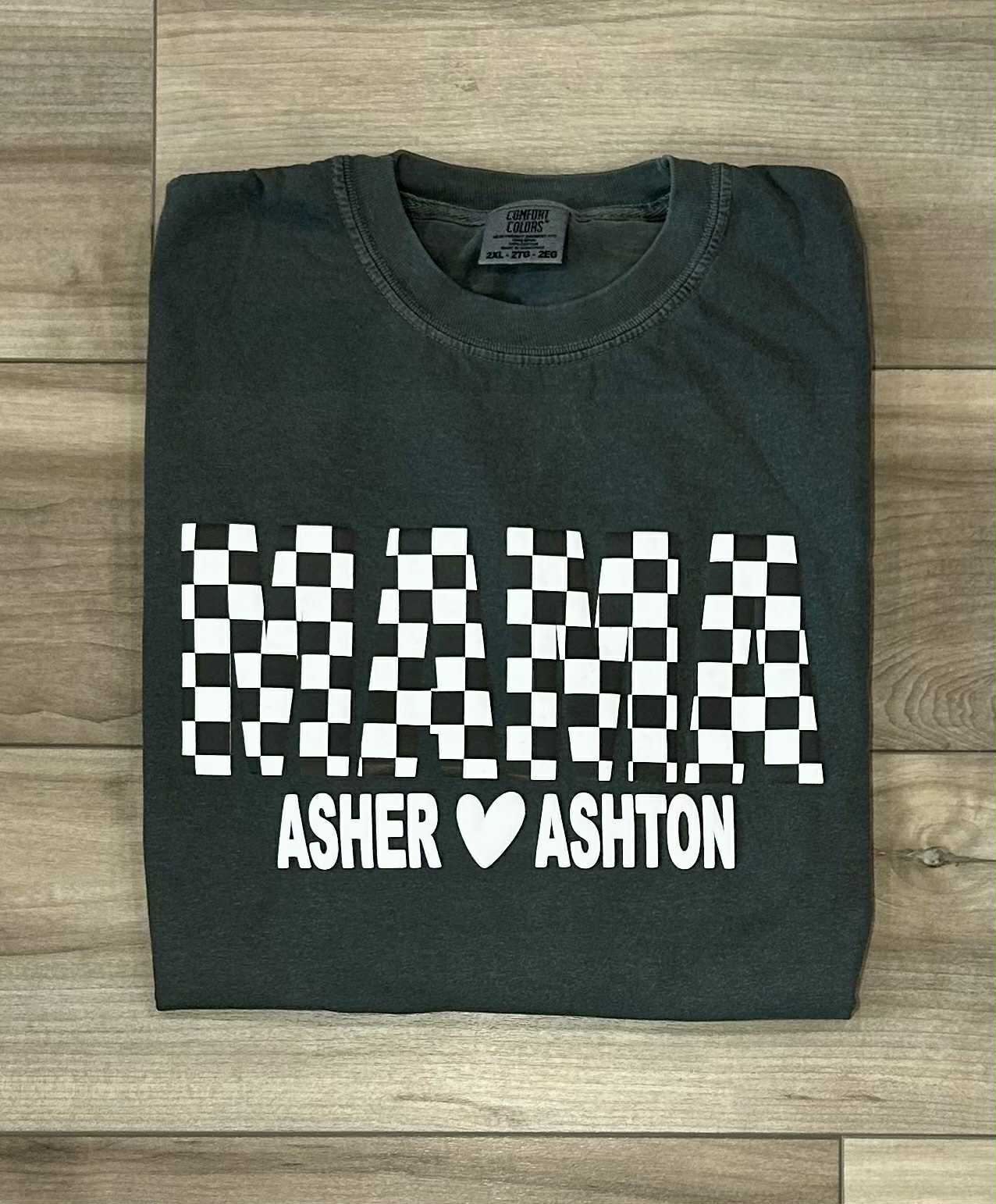 B&W Checkered Puff Printed Mama Top With or Without Names