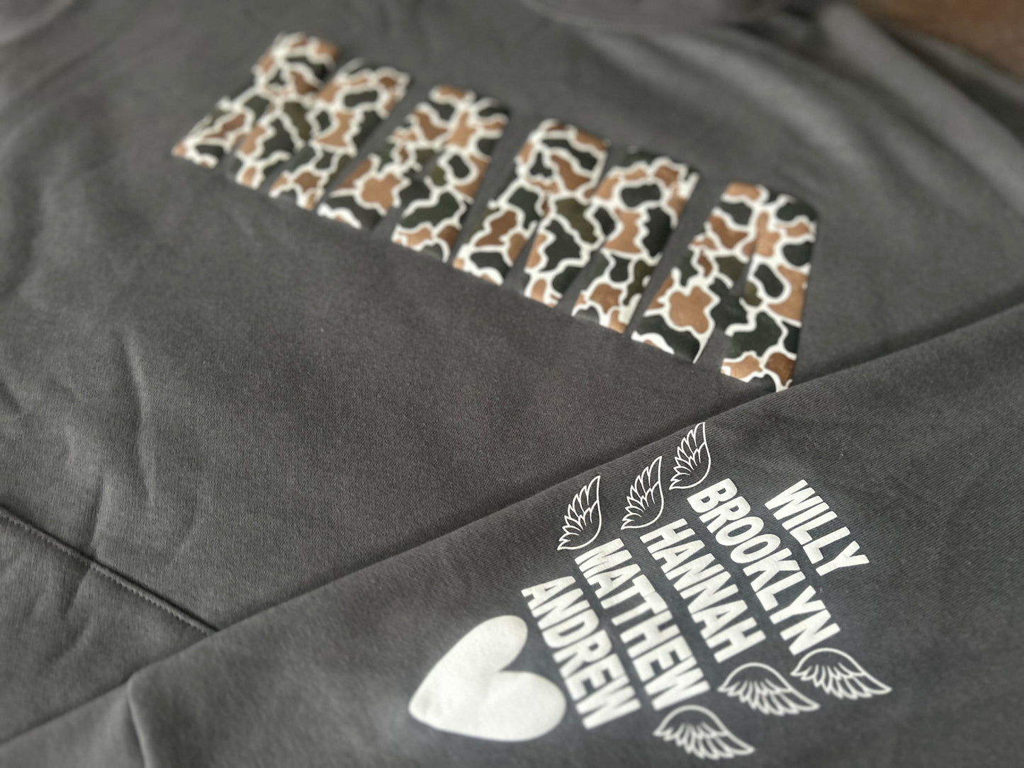 Camo Print Mama Puff Printed with Kids Names Top
