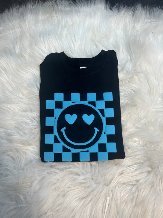 WS Completed Kids Happy Checkered Blue Puff Printed Top