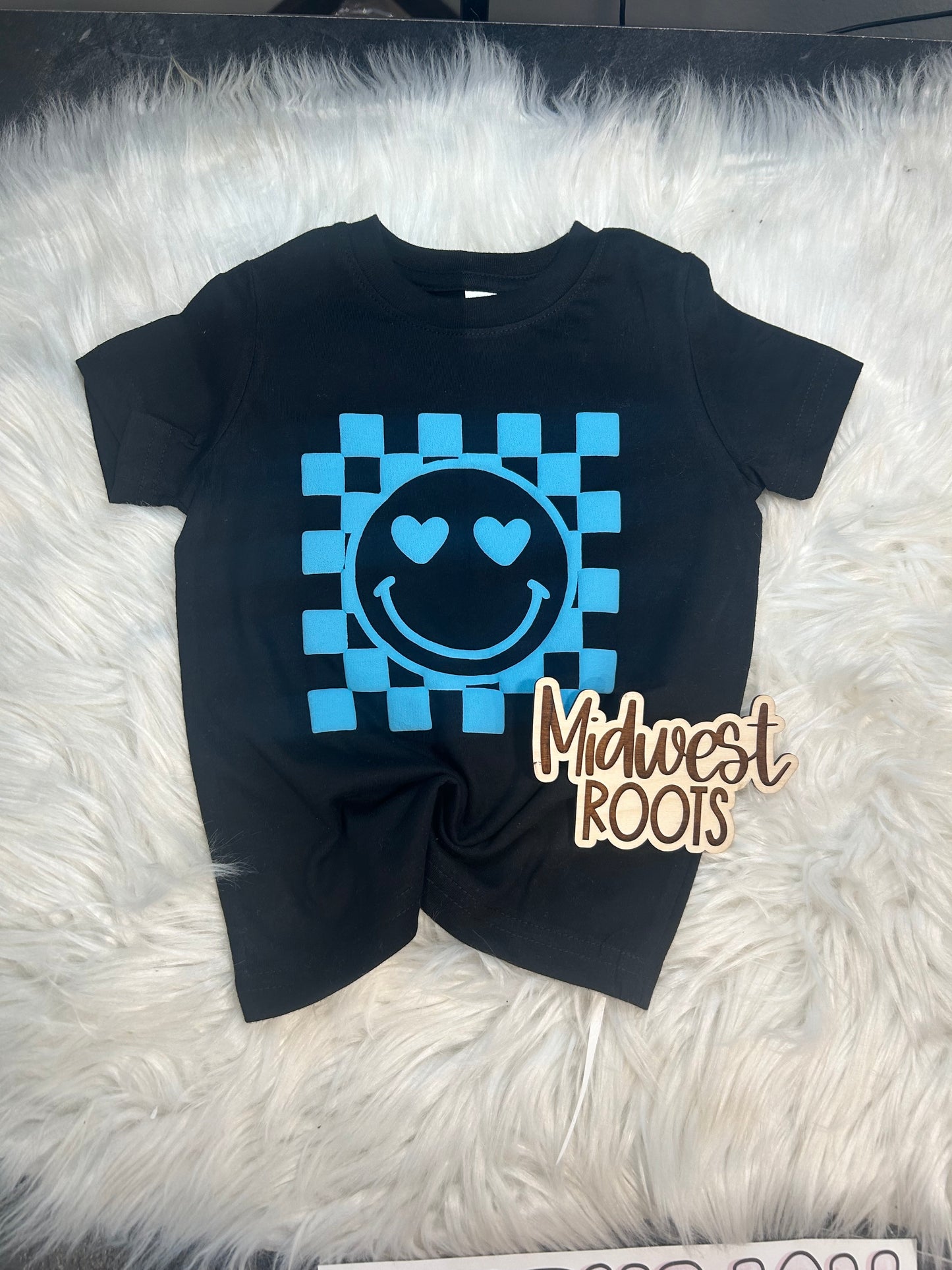 Kids Happy Checkered Blue Puff Printed Top
