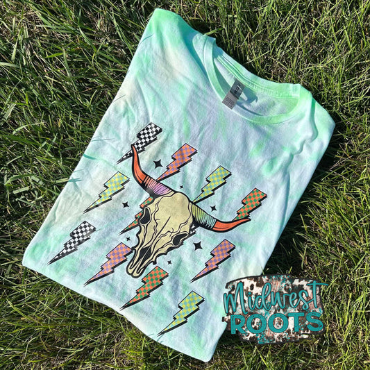 RTS Cow skull lightning bolts tie dye